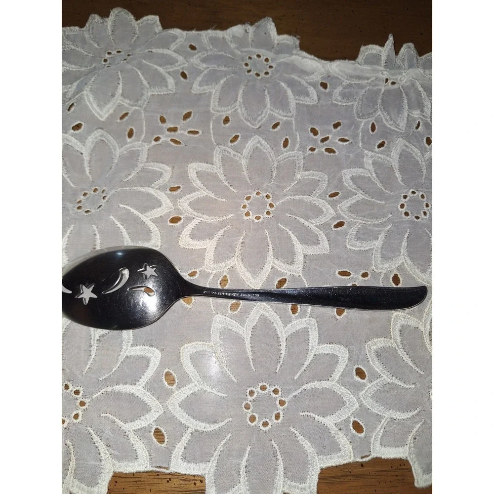 Oneida Community Stainless Slotted Serving Spoon Moon and Stars Celestial 8.5